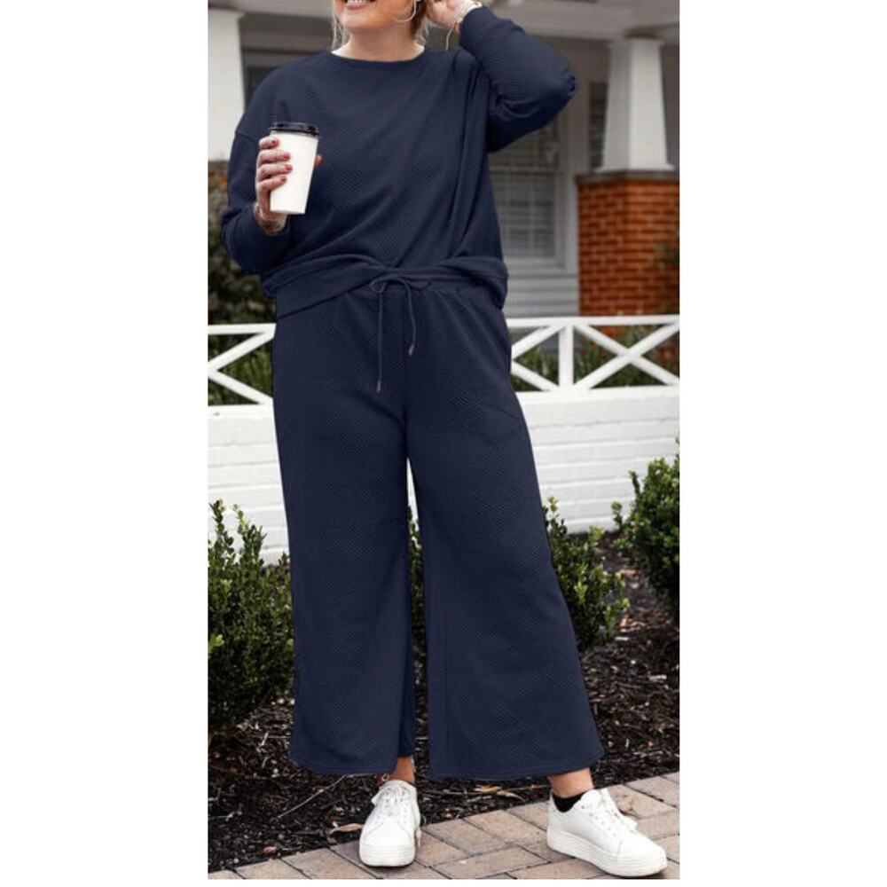 Double Take Textured Long Sleeve Top & Pants Set, Navy, Plus Size 3X, NWT